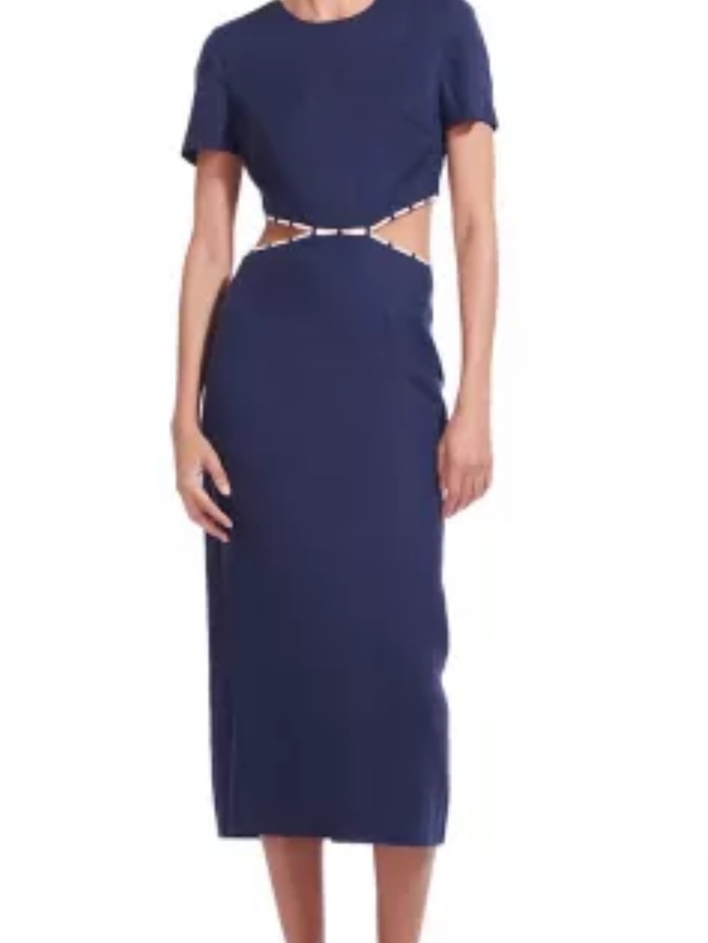 STAUD Navy Cutout Midi Dress with Short Sleeves